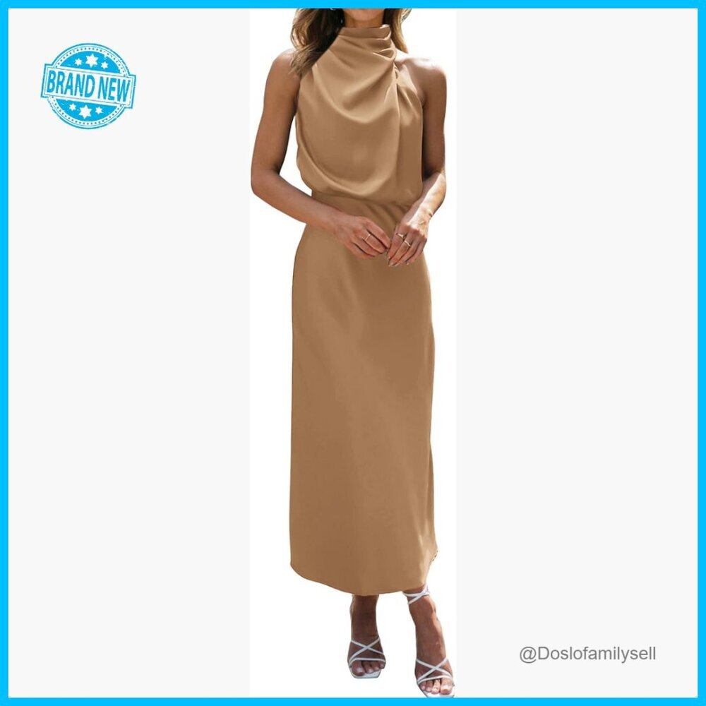 Satin Silk Maxi Dress Elegant Mock Neck Sleeveless Formal Evening Gown